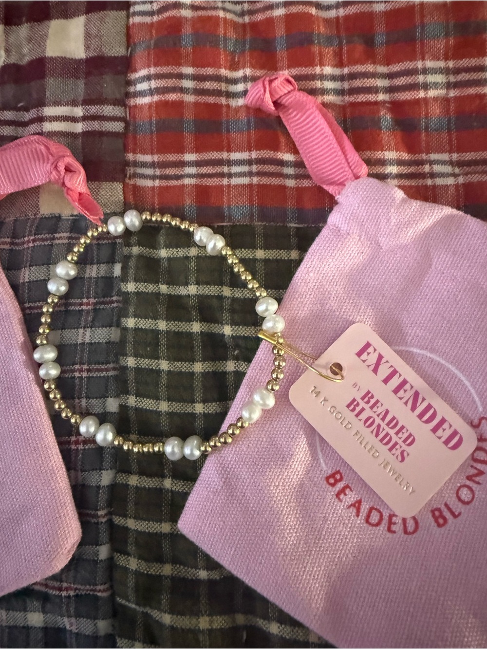 Beaded Blondies Gold & Pearl Stretch Bracelet - Pink Pouch
